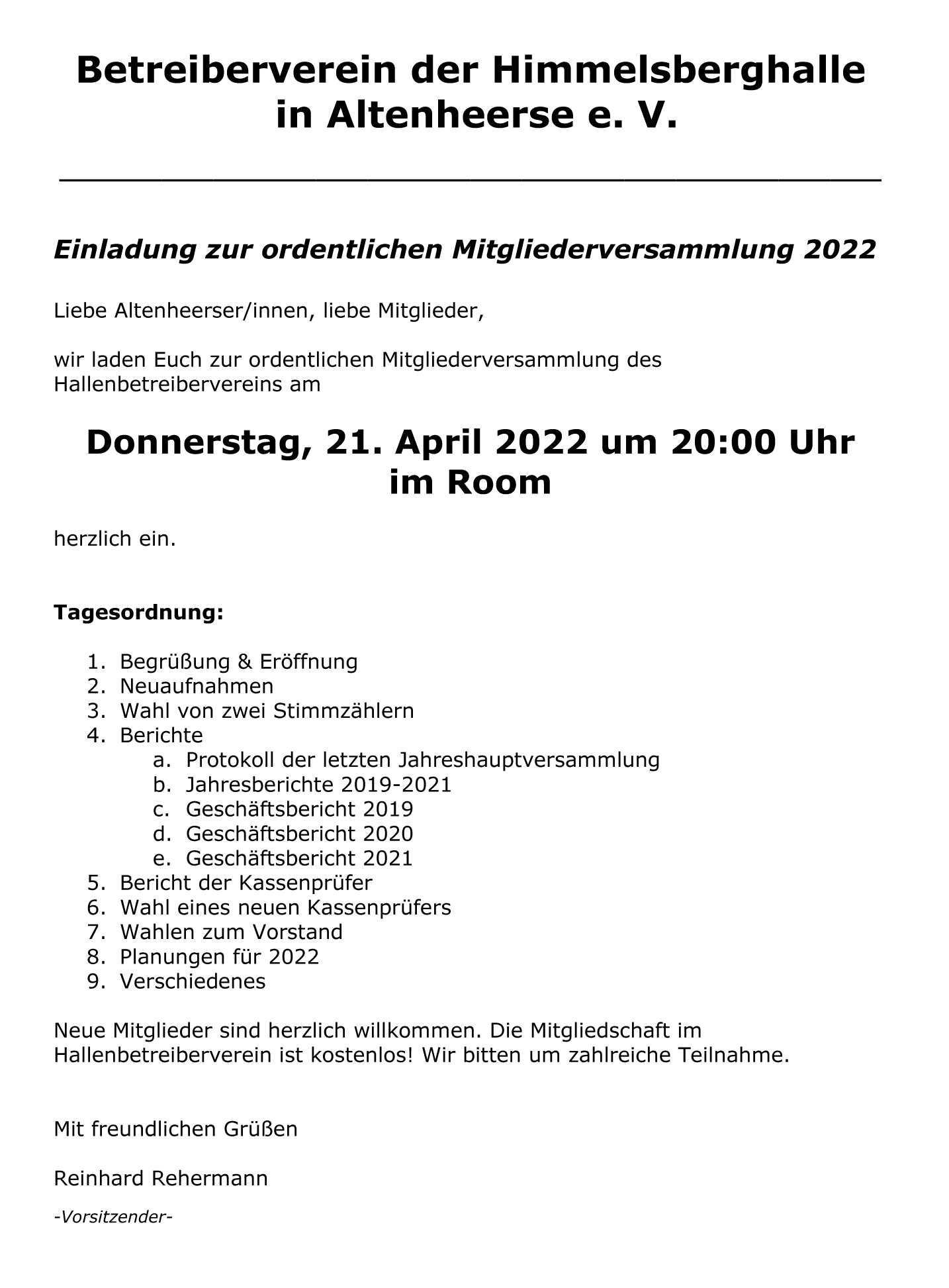 Einladung zur ordentlichen Mitgliederversammlung 2022